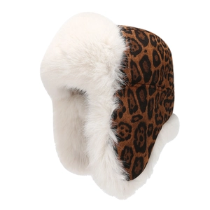Winter leopard print trapper hat with warm white faux fur lining for outdoor wind protection