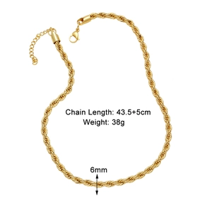 Detailed view of 6mm 18k gold plated twist rope chain necklace with dimensions and weight