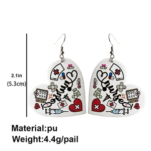 Nurse themed heart shaped PU leather earrings with medical motifs and size dimensions