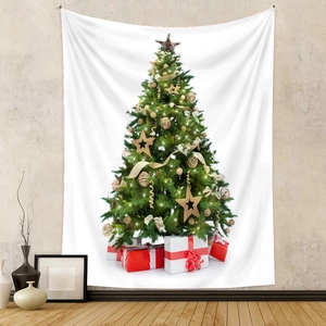 Dettaglio di un arazzo con albero di Natale e decorazioni festose su una parete