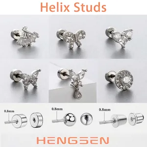 Titanium Steel Helix Stud Earrings Sparkly Cubic Zirconia Bow Heart Butterfly Shapes Flat Screw Back Jewelry For Women