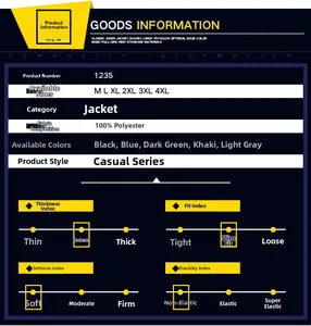 Detailed size chart and fabric specs for men's casual stand collar bomber jacket