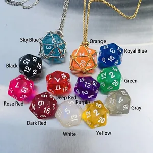 D20 dice necklace with hollow metal net pendant and chain in twelve vibrant colors