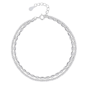 Elegant double-layered silver rice bead bracelet with textured chain and lobster clasp