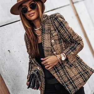 Women's plaid tweed blazer featuring a double-breasted design and gold metal buttons