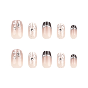 30pcs French black gradient press-on nails with champagne glitter and pearls