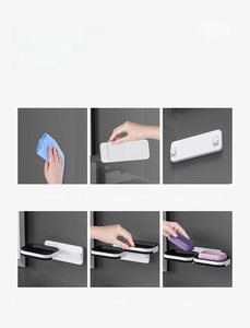 6-step installation guide for wall-mounted double layer soap holder without drilling