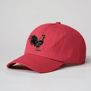 Vintage red adjustable baseball cap with colorful rooster embroidery for casual sun protection