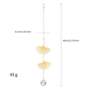 Ginkgo leaf crystal suncatcher in gold metal finish with hanging prism, 40cm long
