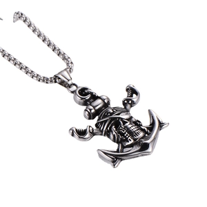 Retro stainless steel pirate skull anchor pendant necklace with crossed swords design