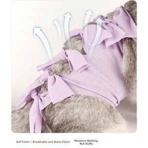 Detail of breathable purple ribbed recovery suit with back ribbon ties for cats