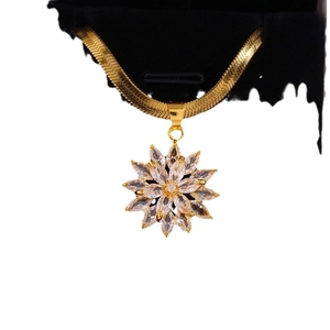 Golden snake chain necklace with sunflower pendant inlaid with clear zircon crystals