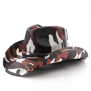 Classic camouflage print western cowboy hat with breathable woven texture for outdoor travel