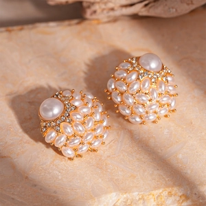 Vintage gold dome earrings with white pearl and rhinestone clusters for women