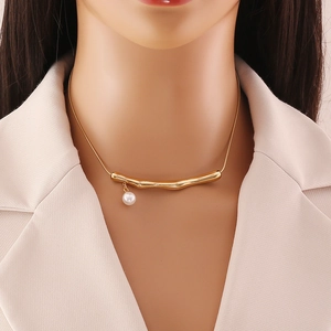 Irregular gold pleated pendant necklace with a white round pearl for women