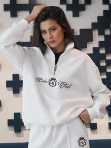 White quarter-zip fleece hoodie and pants set with Moda Club graphic embroidery