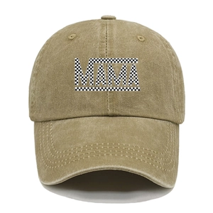Khaki washed cotton baseball cap with MAMA plaid letter print on white background