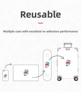 Detail of waterproof reusable Doraemon stickers applied on laptops and luggage cases