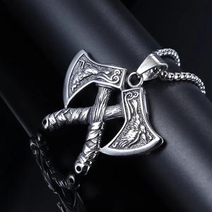 Nordic viking double axe pendant necklace in polished stainless steel for men