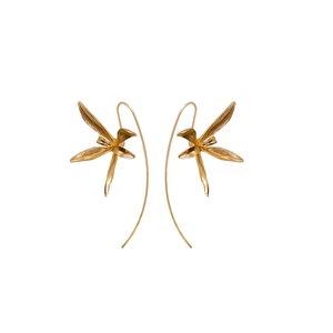 Elegant gold iris flower drop earrings with curved ear hooks in a minimalist luxury style