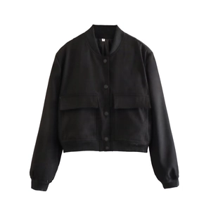 Detail of black bomber jacket with ribbed cuffs, stand collar and large flap pockets