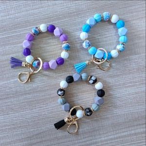 Silicone Bead Keychain Wristlet PU Leather Tassel Floral Pattern Beads Handmade Bohemian Metal Clasp Key Ring Holder