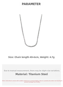 Detailed specs for shimmering titanium steel necklace with 40+6cm length and 4.7g weight
