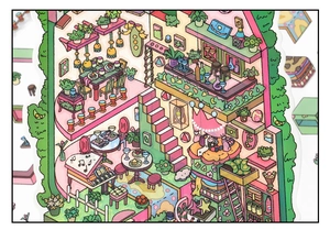 Detailed view of pink multi-story dollhouse stickers for creative DIY journal decoration