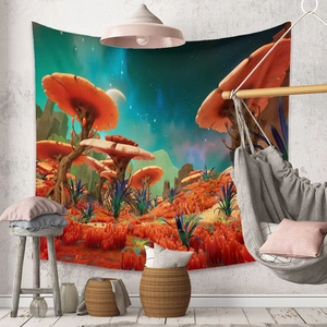 Detail of surreal mushroom tapestry hanging in a cozy room with warm interior lighting