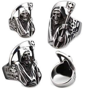 Grim Reaper Skull Ring Stainless Steel Gothic Punk Scythe Design Retro Hip Hop Jewelry Gift For Men