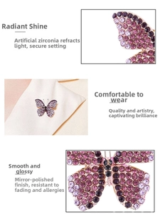 Detail of butterfly brooch showing purple gradient cubic zirconia and gold plating