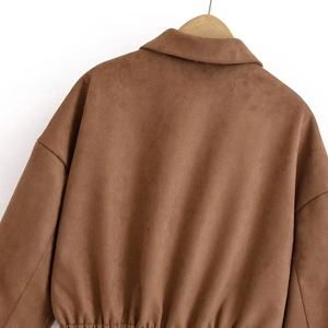 Detail of dark brown faux suede jacket back with elasticated hem and lapel collar