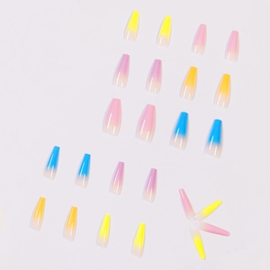 Rainbow gradient long coffin press-on nail set in yellow, pink, purple, and blue tones
