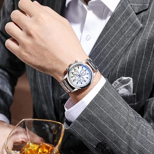 Executive silver stainless steel chronograph watch with white dial for business men