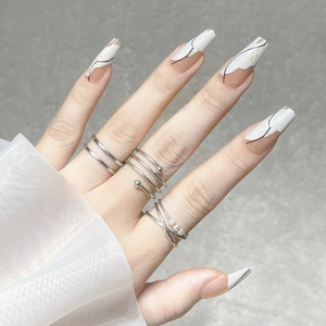 Faux Ongles Coffin Long Nude Blanc Pointes Françaises Abstraites Lignes Noires Décoration Feuille D'or Manucure