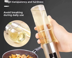 Detail view of transparent glass oil sprayer with leakproof base and high hardness