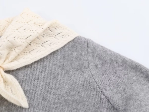 Detail of grey knit sweater featuring off-white lace neckline and intricate patchwork design