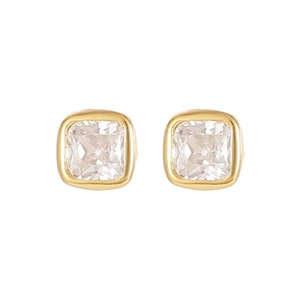 Minimalist square S925 silver stud earrings with golden edge and clear zircon stones