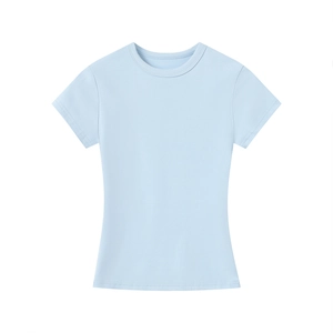 Detailed view of light blue crew neck slim fit T-shirt with premium cotton knit texture