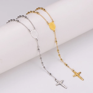Collier chapelet en acier inoxydable 304 avec croix et médaille de la Vierge, tons or et argent