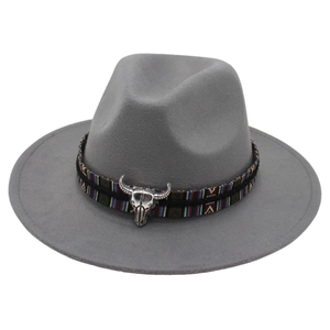 Grey wool wide brim fedora with ethnic woven band and silver bull head ornament
