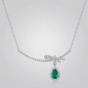 925 Sterling Silver Bowknot Pendant Necklace With Lab-Grown Emerald Pear Cut Green Gemstone Rhinestone Inlaid Jewelry For Women