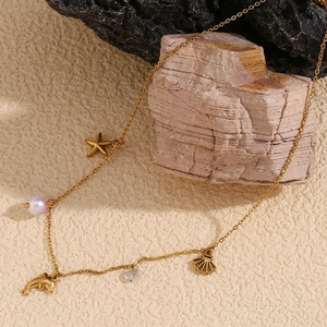 18K gold plated stainless steel necklace with starfish shell and pearl pendants