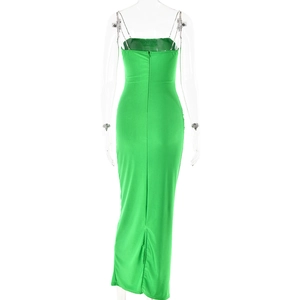 Detail view of the green backless maxi dress with thin straps and invisible back zipper