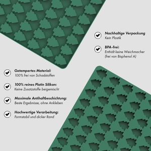Detail showing green silicone Christmas tree mold features and German text labels.