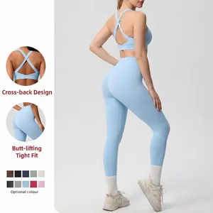 Nylon Elastano Color Sólido Yoga Top And Bottom Espalda Cruzada Sujetador Deportivo Cintura Alta Control de Abdomen Ropa de Gimnasia para Mujer