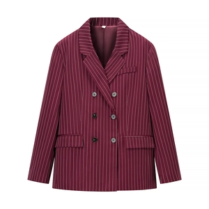 Close-up of burgundy pinstripe double-breasted blazer with peaked lapels and pockets