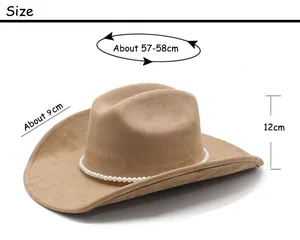 Guide des tailles chapeau cowboy suédine avec perles, tour de tête 58cm et bord 9cm