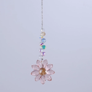 Detail of pink crystal flower suncatcher with iridescent beads on a silver chain