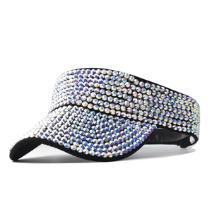 Women's black sun visor hat featuring colorful rhinestones shown from a 45-degree angle